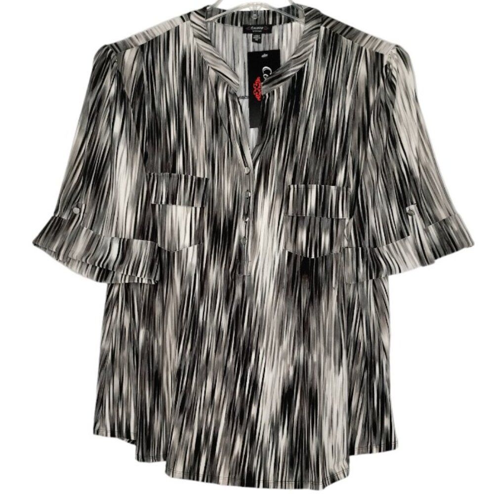 NWT Cocomo Plus Size 3X Grey Multi Color Stripe Print Pintuck 3/4 Sleeve Top